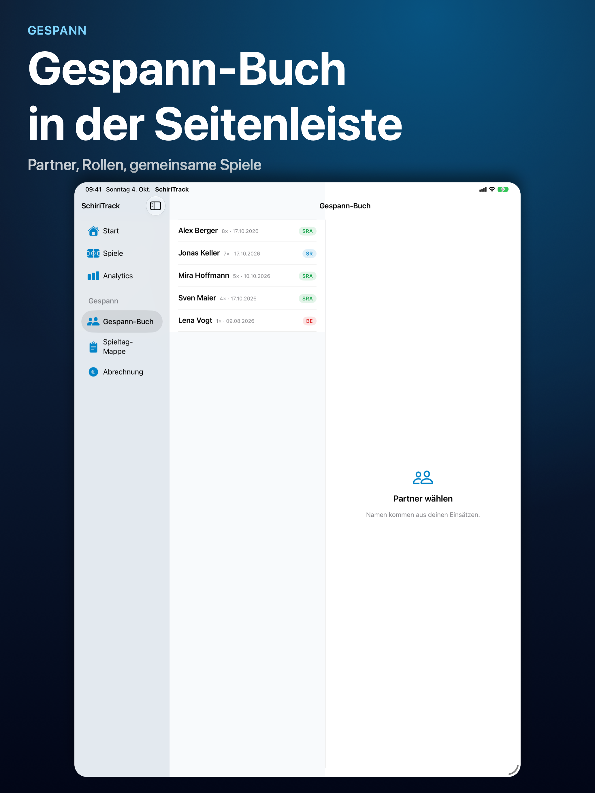 iPad-Seitenleiste mit Start, Spiele, Analytics und Gespann